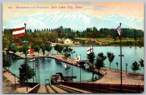 Salt Lake City Utah c1910 Postcard Wandamere And Mountains Flags Lake