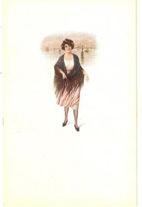 Lady walking with shawlVery old vintage Italian, artist drawn, postcard