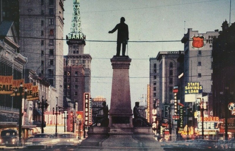 Salt Lake City at Night Postcard Main Street Brigham Young Monument 1960 Utah