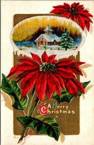 Vtg Merry Christmas Poinsettia Church Scene Embossed Gold Gilt 1910s Postcard