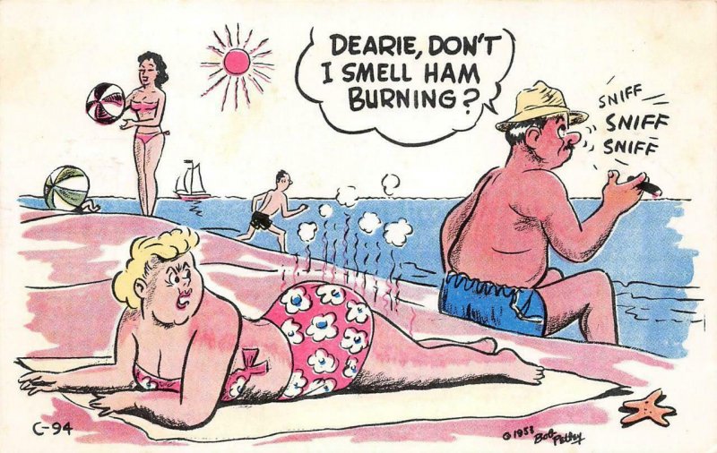 Sunbather Beach Comic Bob Petley Laff Card 1953 Funny Vintage Postcard