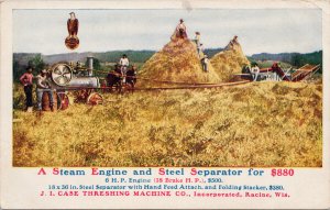 JI Case Threshing Machine Steam Engine & Steel Separator Advertising Postcard G4