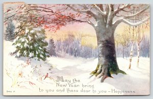 New Year~Bare Trees in Snowy Forest~Evergreen~Cardinal on Branch~1919 Owen PC