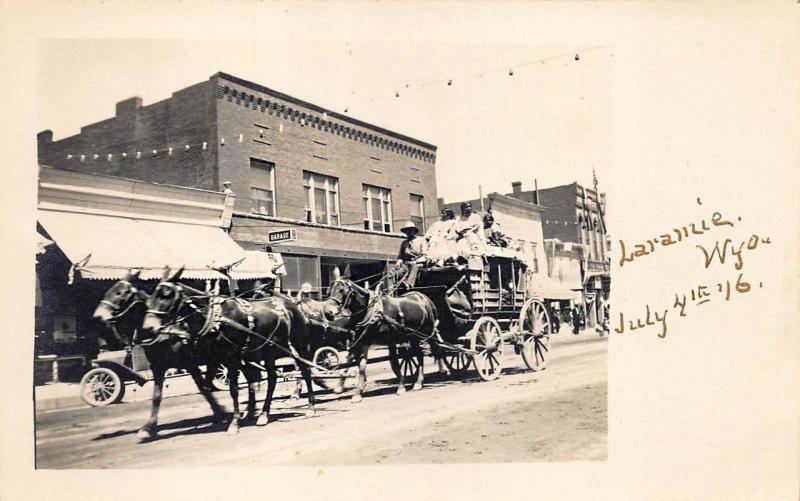 Laramie WY Street View Stage Coach 7-4-1916 RPPC