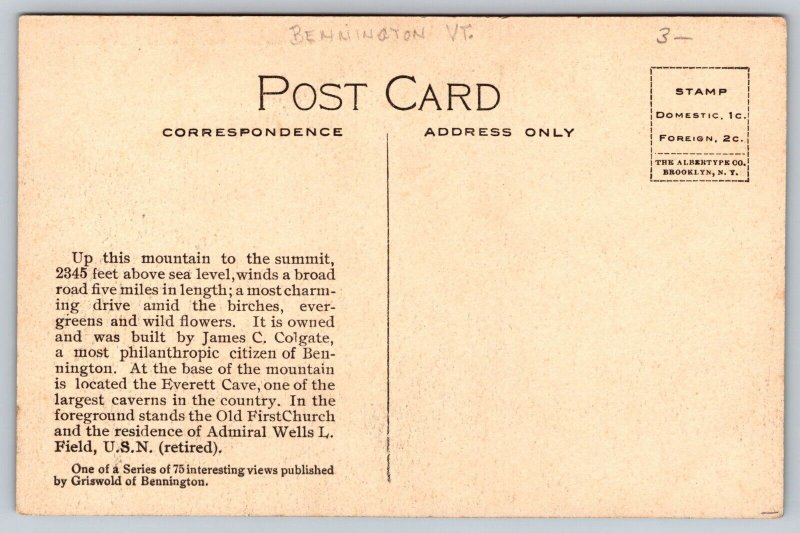 Hand Colored  Bennington  Vermont   Mount Anthony     Postcard