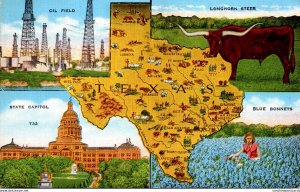 Texas Map With Oil Field Longhorn Steer & More 1944