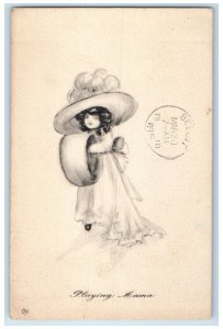 1910 Pretty Woman Big Hat Handwarmer Playing Mama Edgerton WI Antique Postcard
