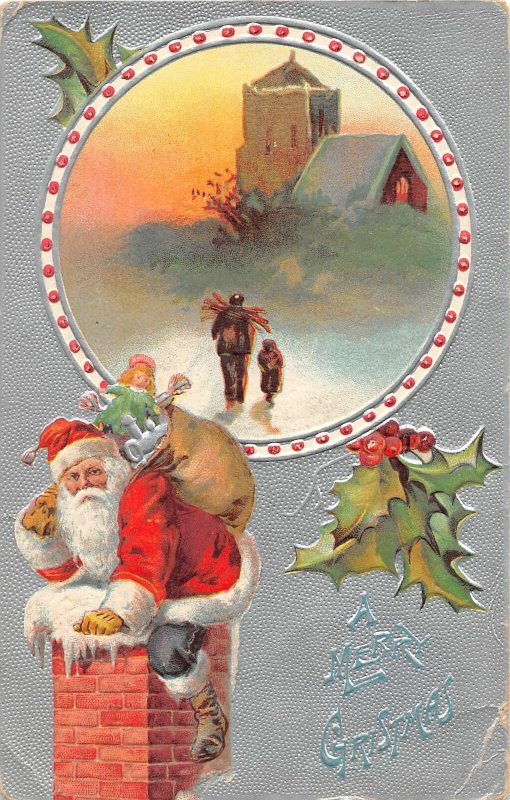 G67/ Santa Claus Christmas Postcard c1910 Chimney Toys Holly 10