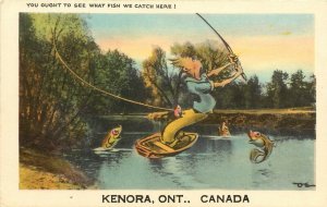 Vintage Comic Postcard; Man Fishing Hooks his own Pants in Kenora Ontario Canada