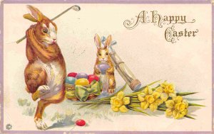 Easter Bunny Playing Golf with Eggs Easter Greetings 1910 postcard