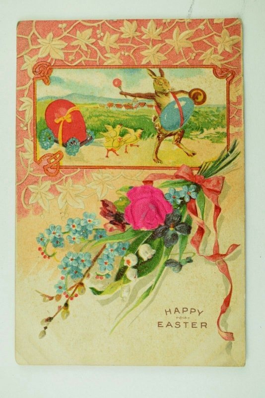Embossed C. 1910 Easter Anthropomorphic Rabbit & Chicks Flowers Postcard P77