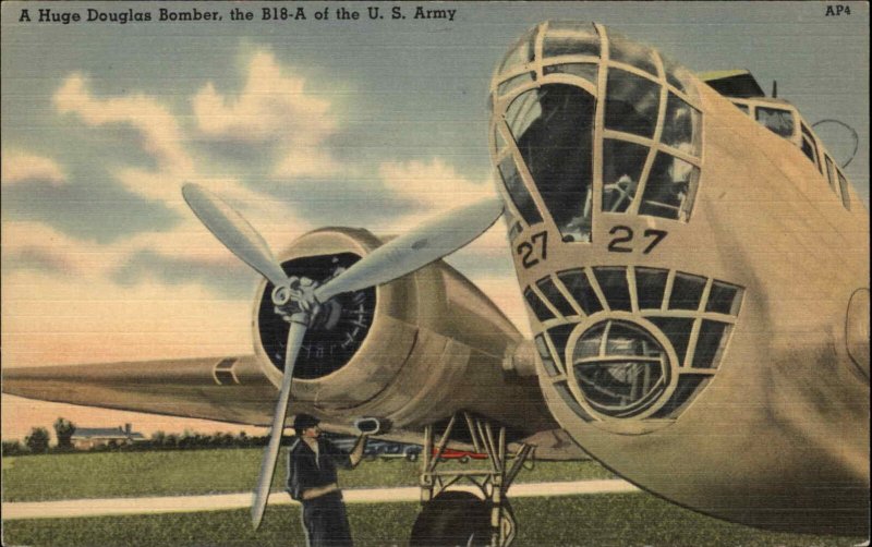 U.S. Army Douglas Bomber Airplane B-18A Linen Vintage Postcard