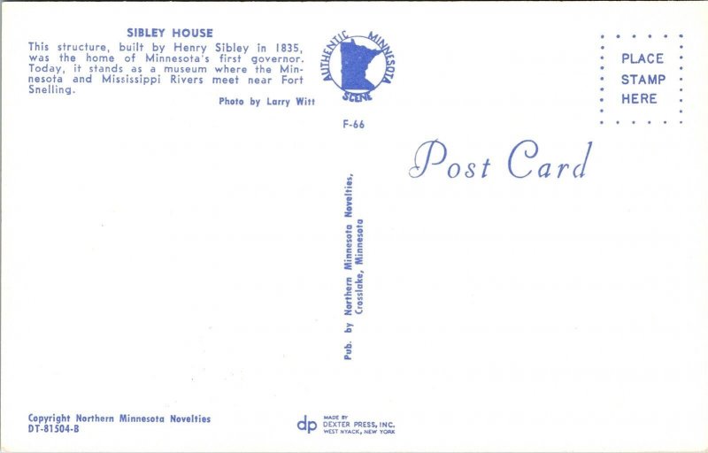 Sibley House Minnesota MN Museum Postcard VTG UNP Dexter Vintage Unused Chrome 