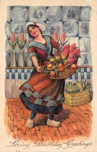 Loving Birthday Greetings Dutch Woman Flowers 1910 Embossed Vintage Postcard