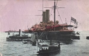 Postcard Royal Navy American & British Relief Ship Harbor of Messina c1900s