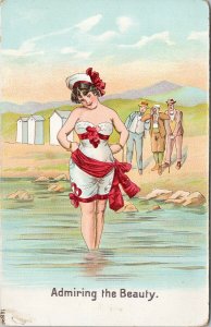 'Admiring The Beauty' Young Woman in Water Three Men Unused Postcard F75