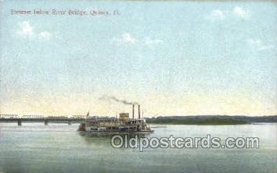 Steamer Below River Bridge, Quincy, Illinois, USA Ferry Boats, Ship Unused 