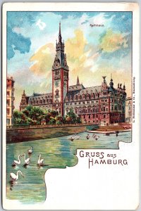 Gruss Aus Hamburg Germany Rathaus White Ducks In River Postcard