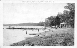 Sandy Beach Bathing Rock Lake Lake Mills Wisconsin 1936 postcard