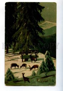 258645 Russia CHRISTMAS MAILICK Deer winter HUNT Vintage PC