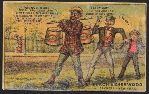 VICTORIAN TRADE CARD Obelisk Pickles Black Man Carrying Pail of Pickles Followed