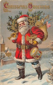 F39/ Santa Claus Merry Christmas Postcard c1910 Blue Pants Toys Flag 16