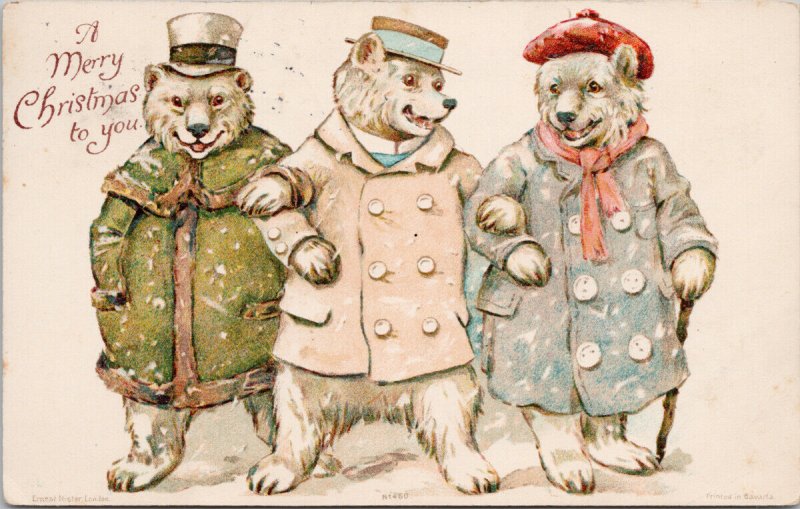 Three Dressed Teddy Bears Merry Christmas Fantasy 460 Ernest Nister Postcard G55
