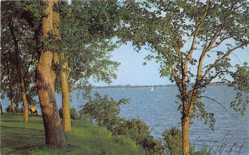 Storm Lake Iowa~Lake Shoreline View~Man on Bench~College Student's Note~Postcard