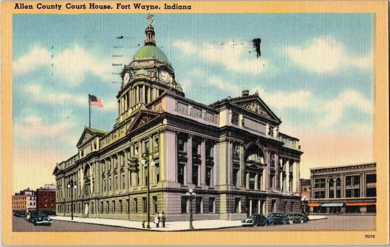 Allen County Cout House Fort Wayne Indiana Linen Postcard WOB Cancel 1c Stamp PM 