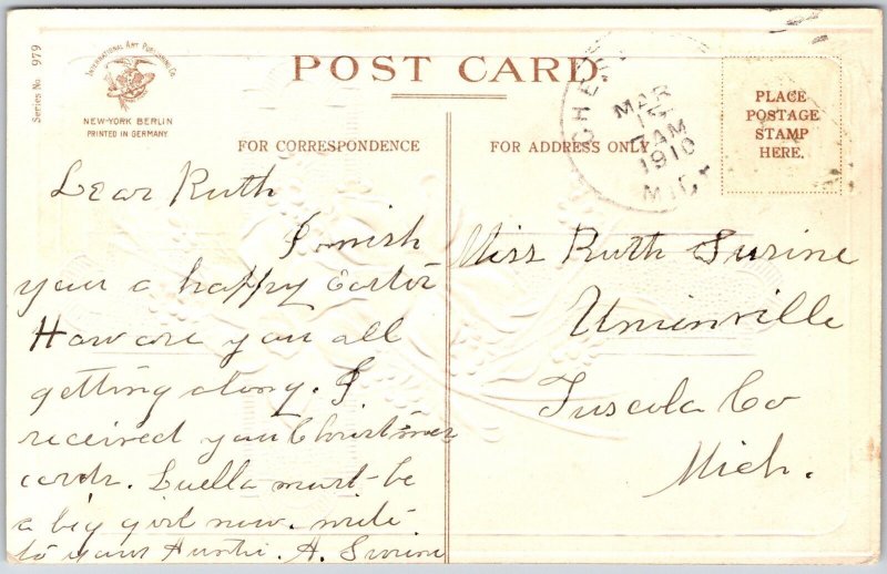 1910's White Flowers Crucifix Easter Greetings Posted Postcard