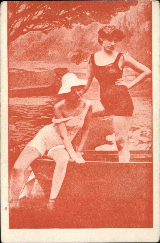 Bathing Beauty Women on Row Boat Lesbian Overtones? c1905 Postcard