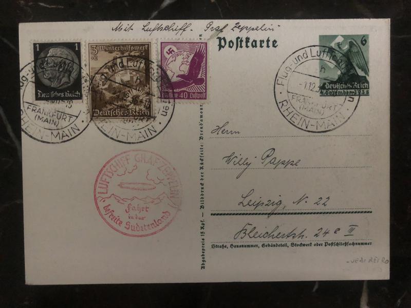 1938 Rehin Germany Postcard Graf Zeppelin cover to Leipzig We thank our Fuhrer
