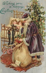 Embossed Christmas Tuck Postcard Purple Robe Santa Claus Fills Stockings 136
