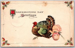 Thanksgiving Day Greetings 1923 Postcard Turkey Rope Dragging Baby Upside Down