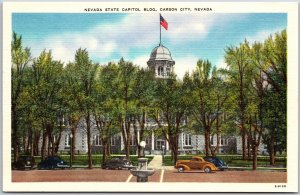 Carson City Nevada NV, State Capitol Building, U.S. Flag, Cars Street, Postcard