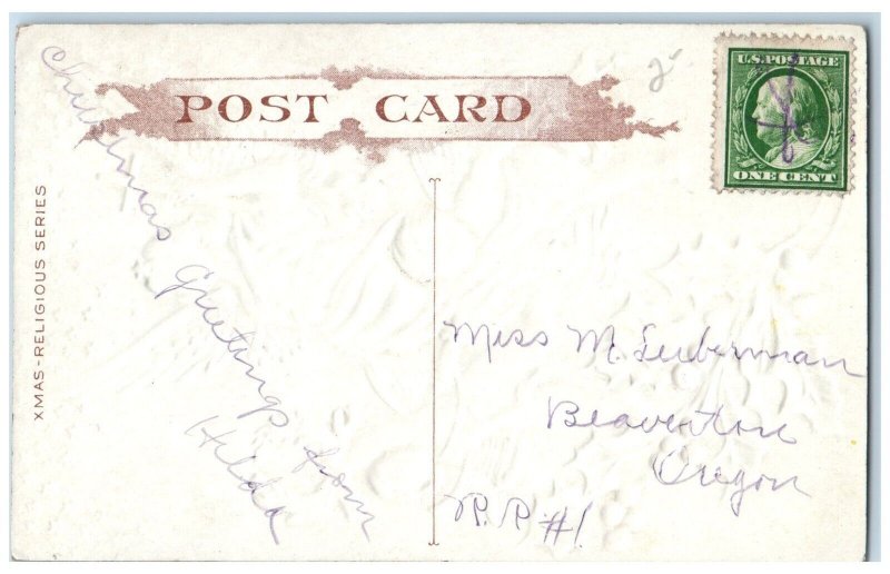 Christmas Postcard Angels Cherub With Bell And Lyre Holly Berries Beaverton OR