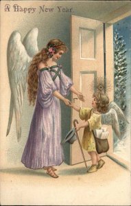New Year Mother Angel Greets Child Angel at Door c1905 Vintage Postcard