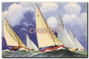 Old Postcard Boat Sailboat Stars Haffner International One Design on a beat
