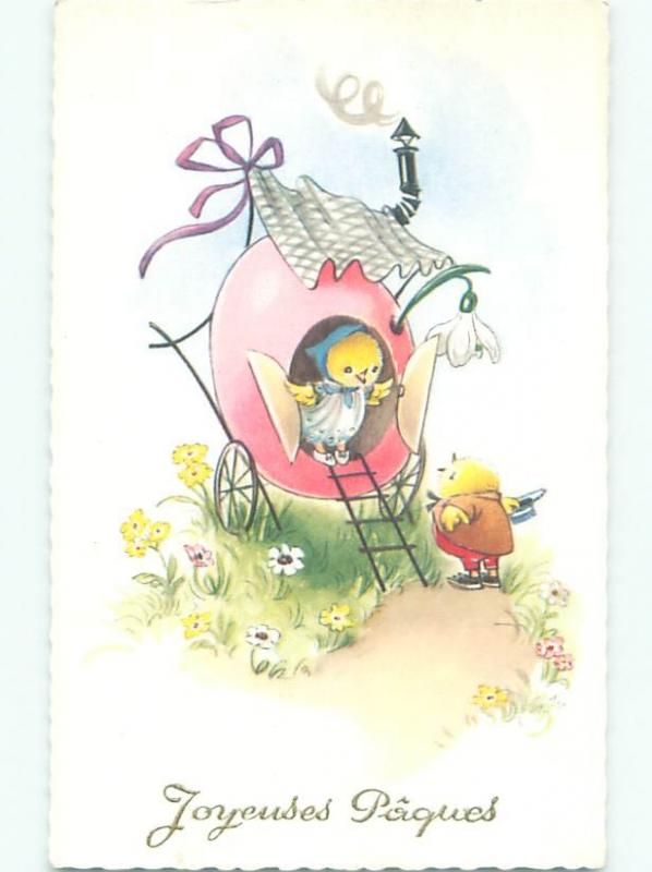 foreign Old Postcard HUMANIZE CHICKS LIVING IN EASTER EGG HOUSE WAGON AC3072