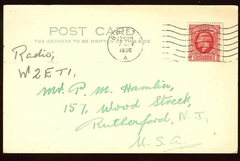 QSL from England BSWL319 to New Jersey W2ETI, 1936