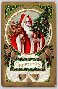 Christmas~Old Style Santa~Flowing Hooded Robe~Decorated Mini Tree~Mistletoe~Gold