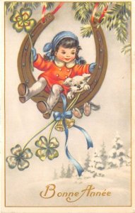 US34 postcard greetings card horseshoe shamrock girl with dog bells Bonne Annee