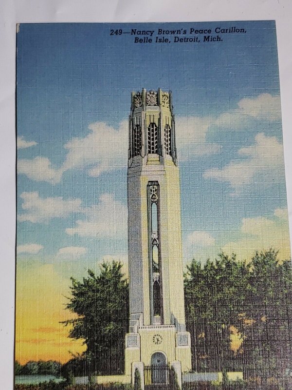 Vintage Postcard Nancy Brown Peace Carillon Belle Isle Michigan Detroit Linen