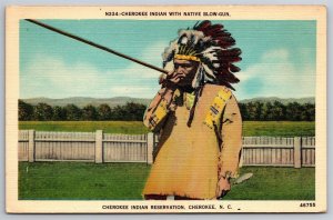 Cherokee Indian With Native Blow Gun Cherokee NC C1930's Postcard M24