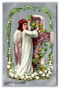 Angel Cross Lily of the Valley Flowers Easter Greetingsd Embosed DB Postcard J18