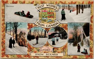 Best Wishes from Canada Snow Scenes Patriotic Skiing Tobogganing Postcard G86