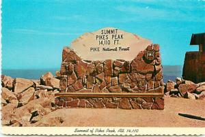 Postcard Sign Summit Pike Peak Colorado Marker on Summit nat Park    # 3218A 