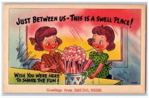 Bruno Nebraska NE Postcard Greetings Little Girls Sharing Just Between Us 1950