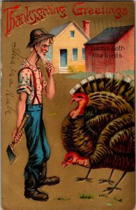 Thanksgiving Greetings Turkeys, Farmer Hatchet Behind Back c1909 Postcard F57