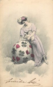 Holidays & celebrations luck greetings fantasy postcard drawn woman with piglet
